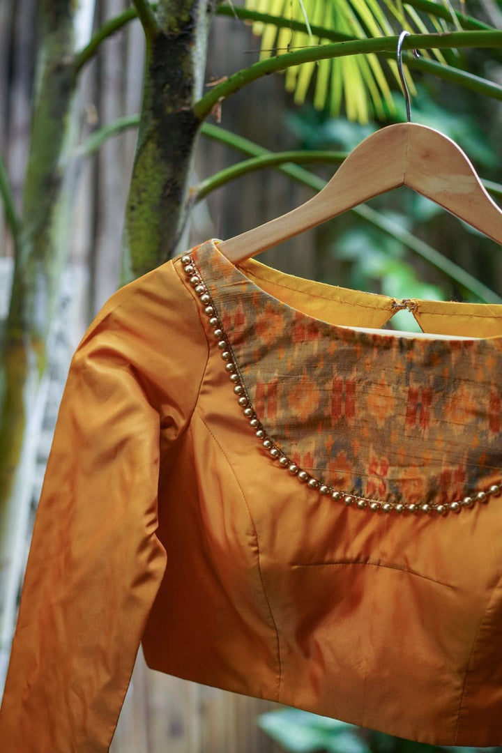 Mustard silk boatneck  blouse with pure rawsilk ikkat yoke, made to order
