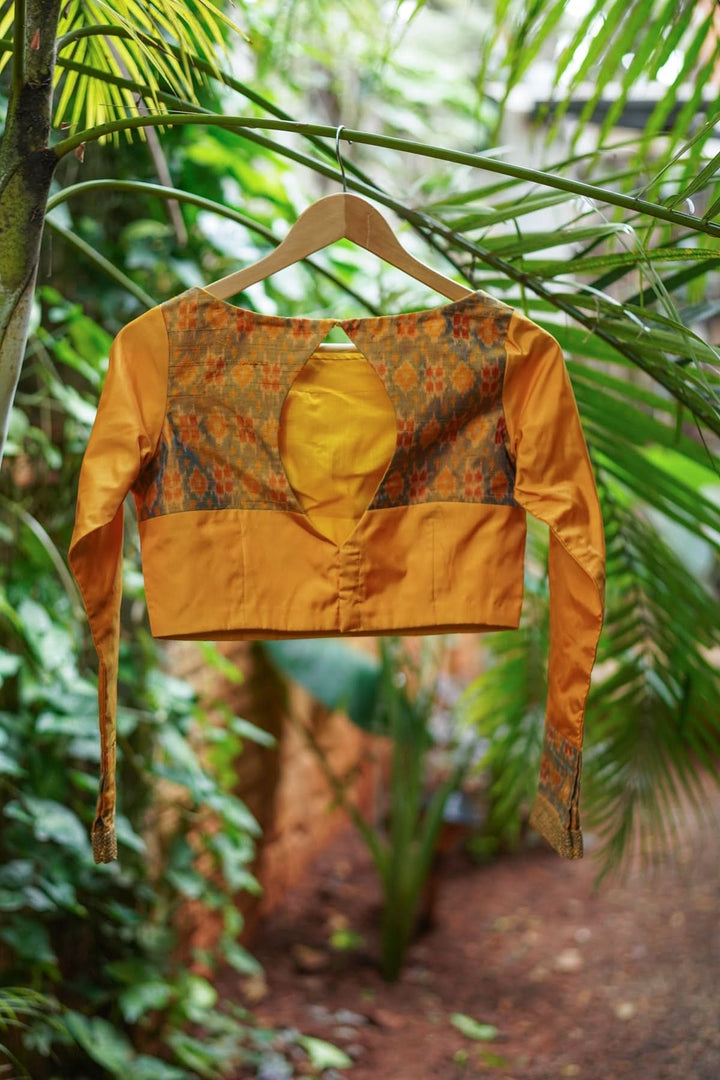 Mustard silk boatneck  blouse with pure rawsilk ikkat yoke, made to order