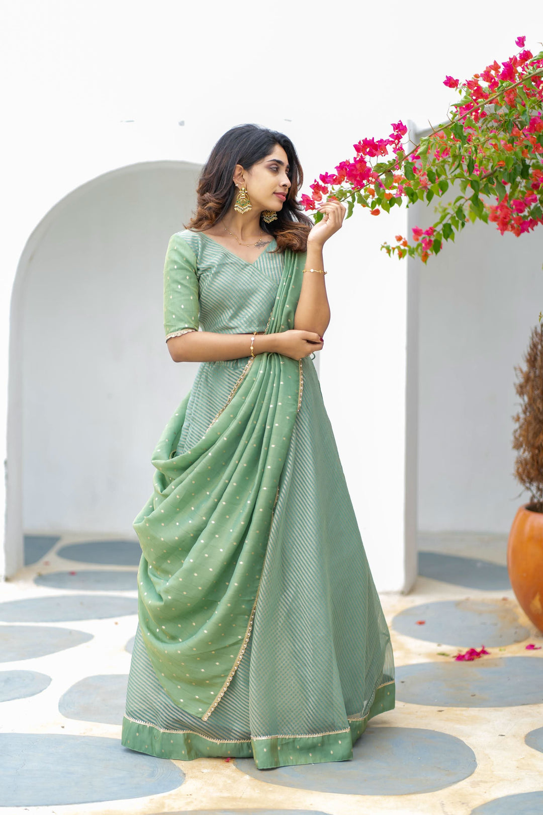 Anupama Mint Green Crop Top & Skirt With Dupatta | Made To Order