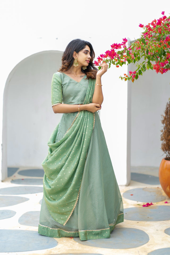 Anupama Mint Green Crop Top & Skirt With Dupatta | Made To Order