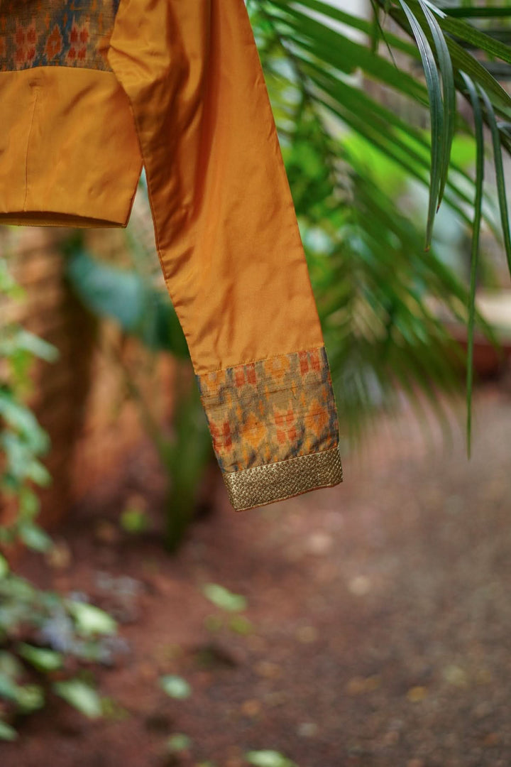 Mustard silk boatneck  blouse with pure rawsilk ikkat yoke, made to order