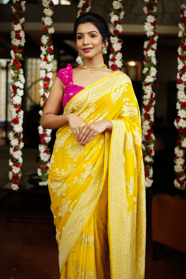 Pure Georgette Silk Banarasi Saree  in Yellow with Rose Jaal Weave in Silver Tone Zari | SILK MARK CERTIFIED | SHOBITAM