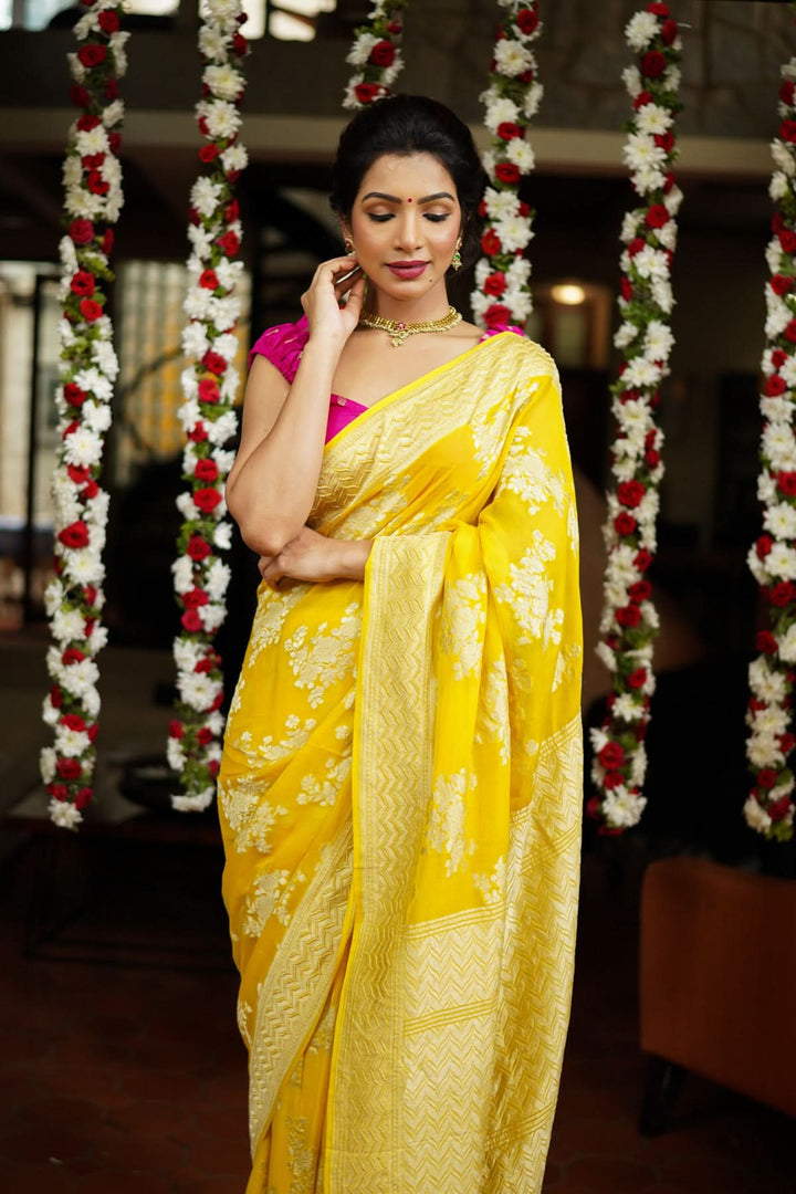 Pure Georgette Silk Banarasi Saree  in Yellow with Rose Jaal Weave in Silver Tone Zari | SILK MARK CERTIFIED | SHOBITAM