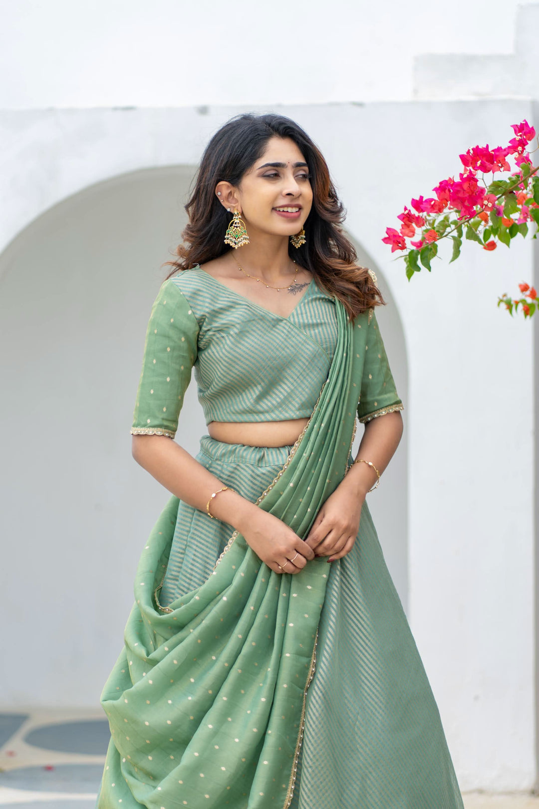 Anupama Mint Green Crop Top & Skirt With Dupatta | Made To Order