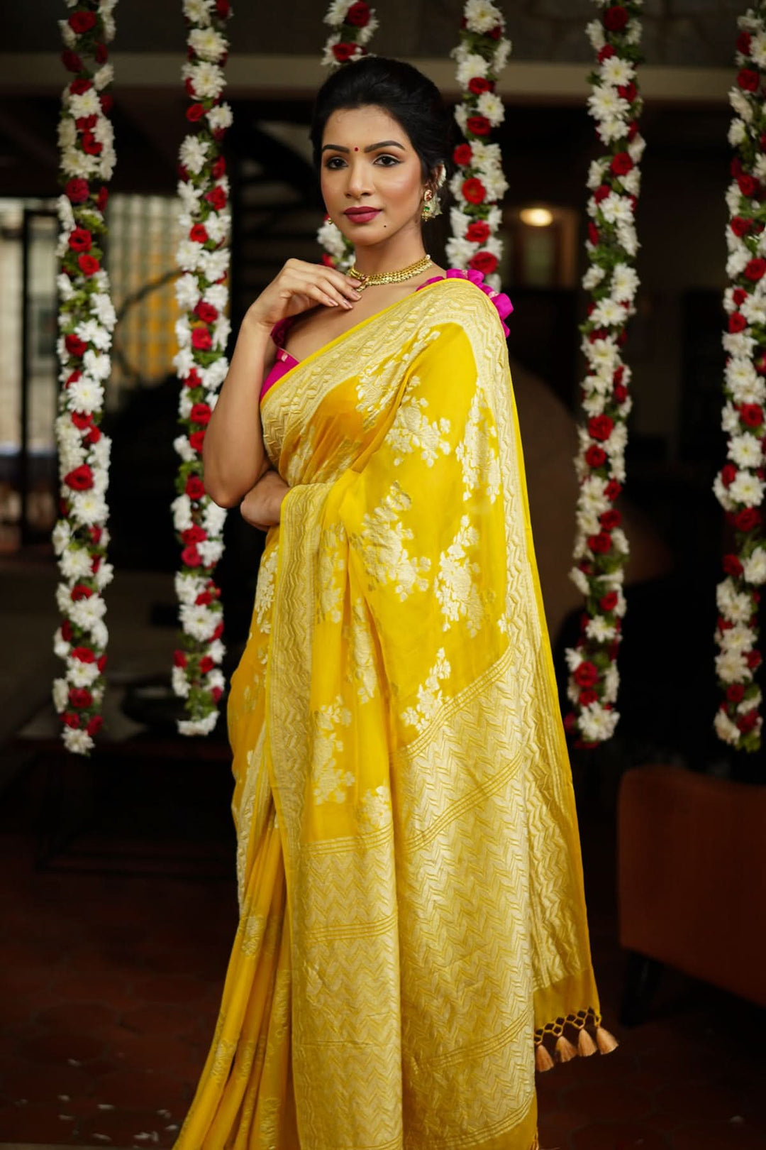 Pure Georgette Silk Banarasi Saree  in Yellow with Rose Jaal Weave in Silver Tone Zari | SILK MARK CERTIFIED | SHOBITAM
