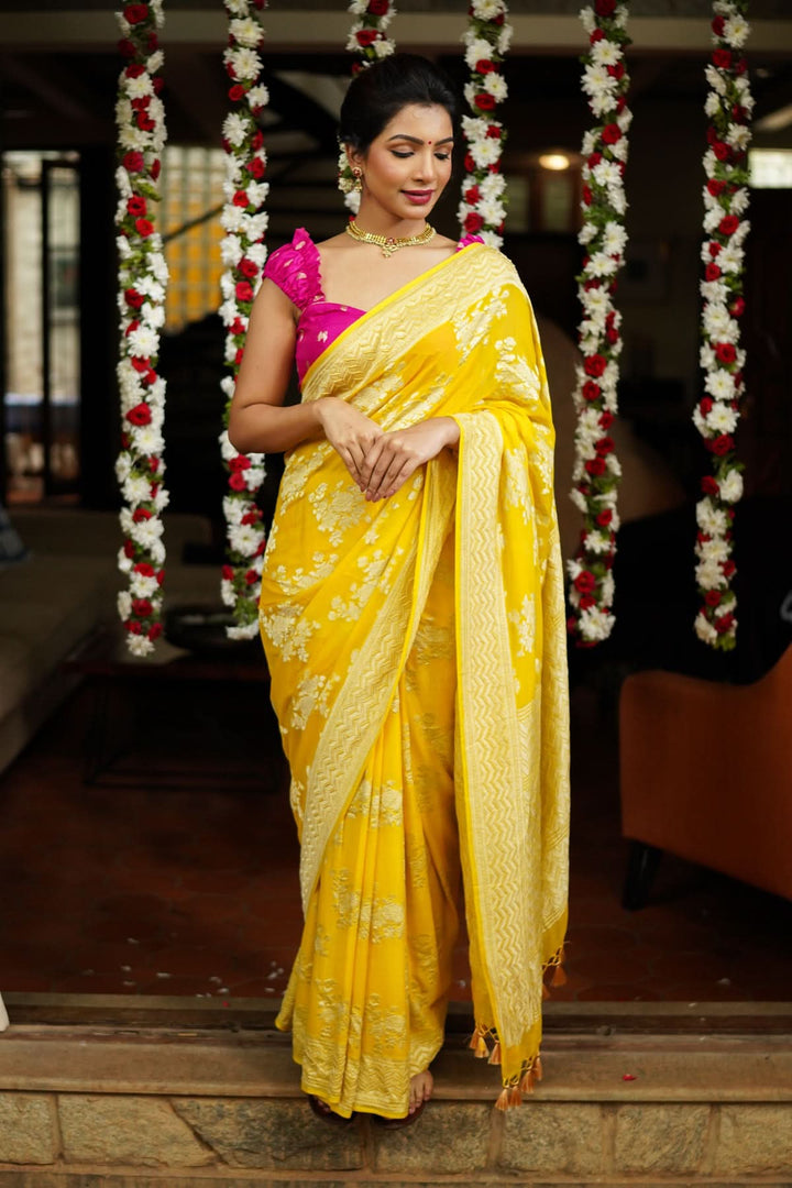 Pure Georgette Silk Banarasi Saree  in Yellow with Rose Jaal Weave in Silver Tone Zari | SILK MARK CERTIFIED | SHOBITAM