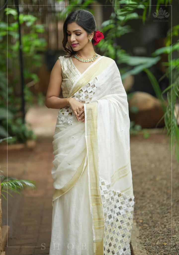 Cutwork and Mirror Work Linen by Line Saree in Chalk White