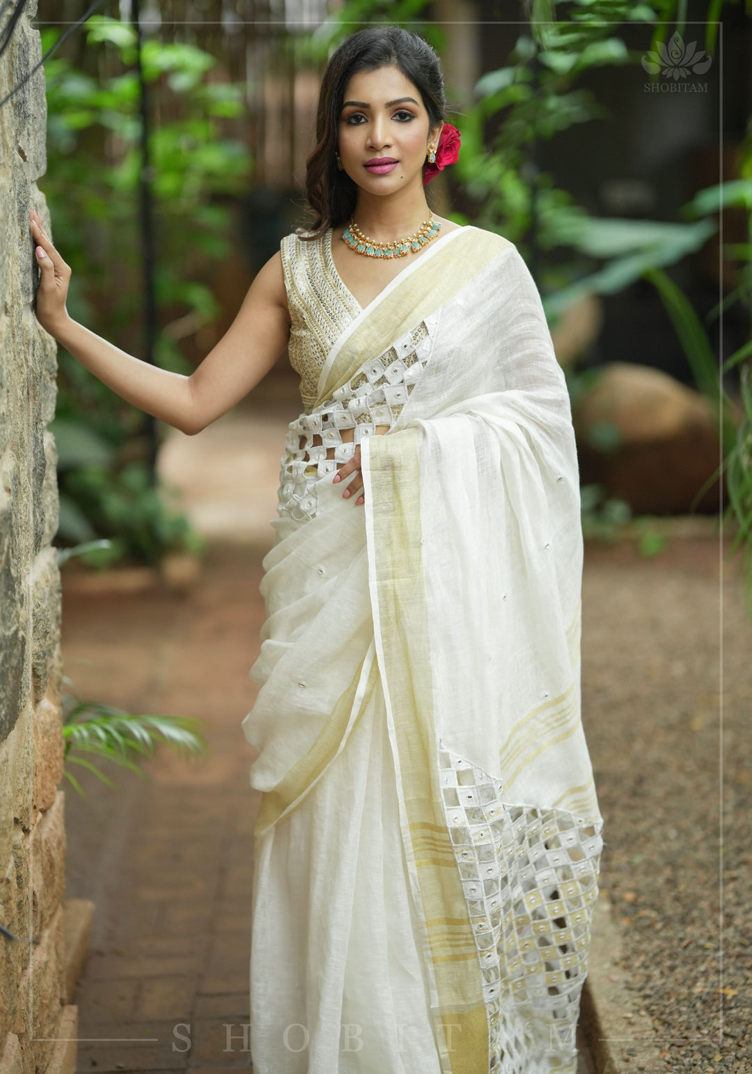 Cutwork and Mirror Work Linen by Line Saree in Chalk White