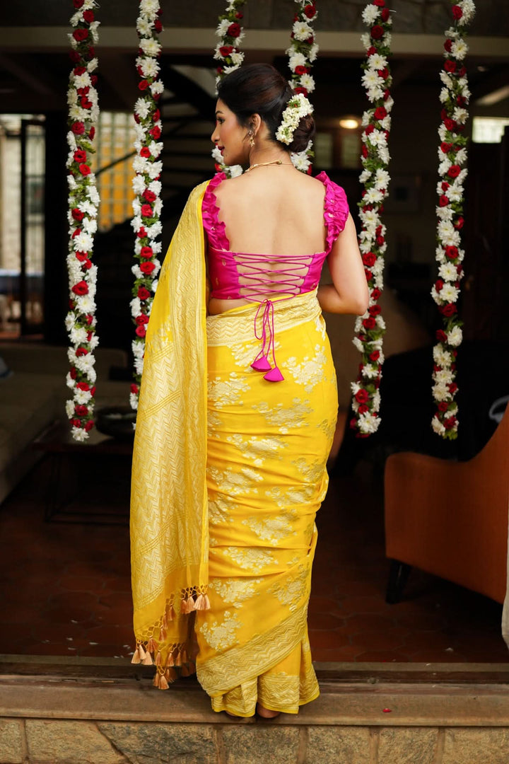 Pure Georgette Silk Banarasi Saree  in Yellow with Rose Jaal Weave in Silver Tone Zari | SILK MARK CERTIFIED | SHOBITAM