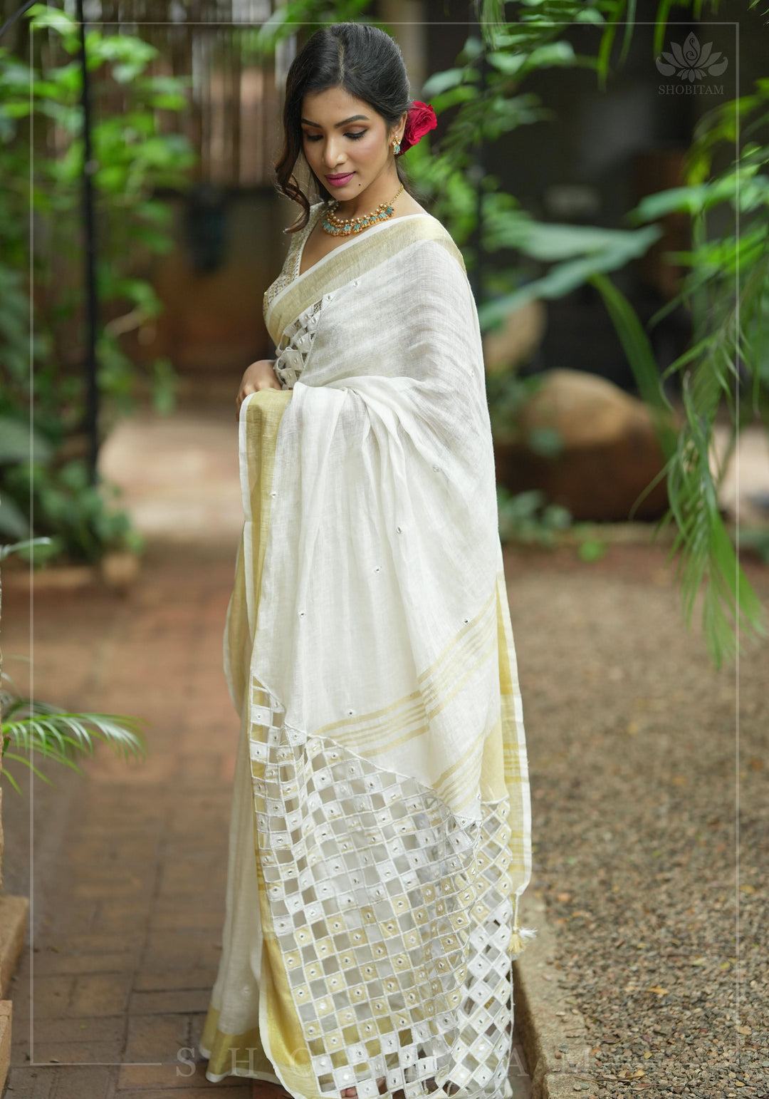 Cutwork and Mirror Work Linen by Line Saree in Chalk White