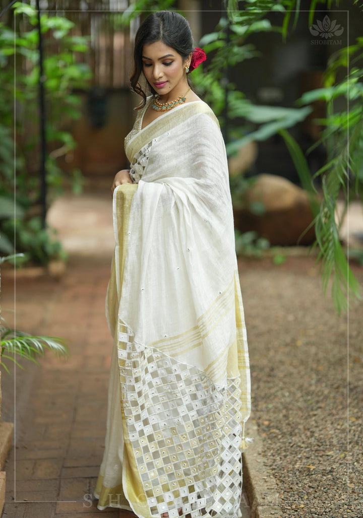 Cutwork and Mirror Work Linen by Line Saree in Chalk White