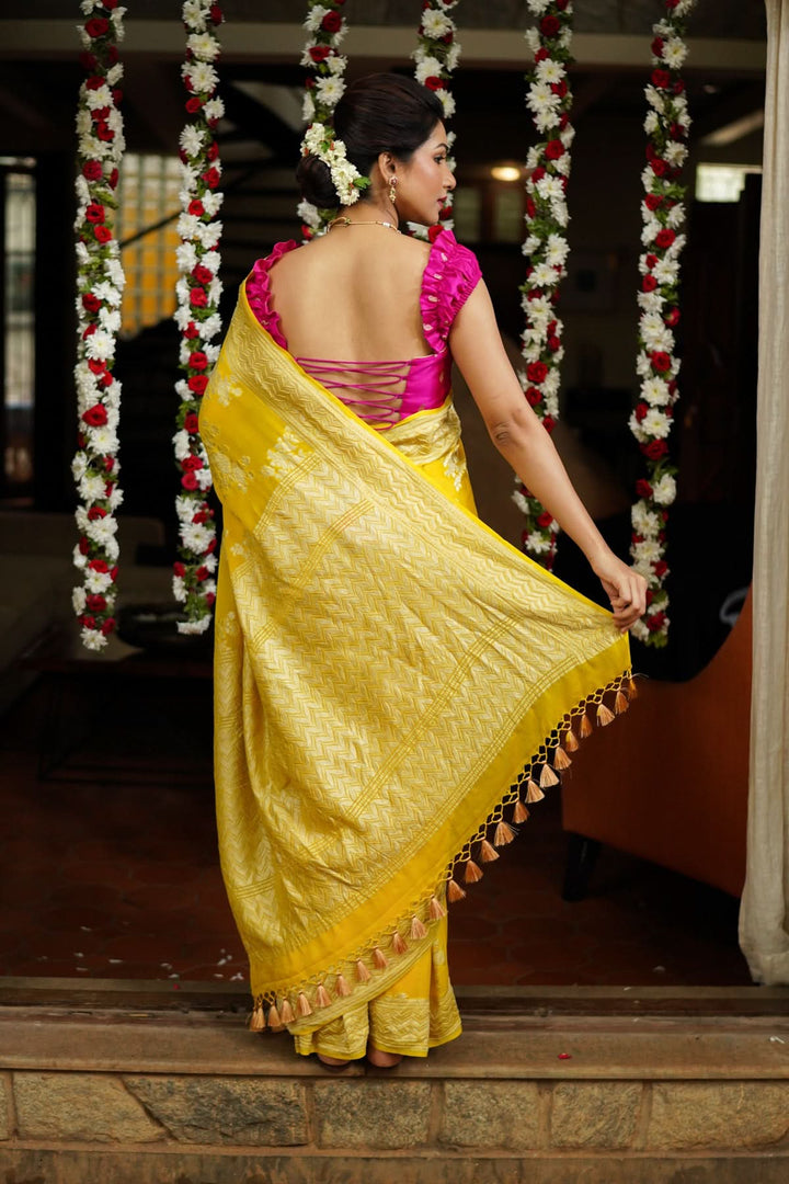 Pure Georgette Silk Banarasi Saree  in Yellow with Rose Jaal Weave in Silver Tone Zari | SILK MARK CERTIFIED | SHOBITAM
