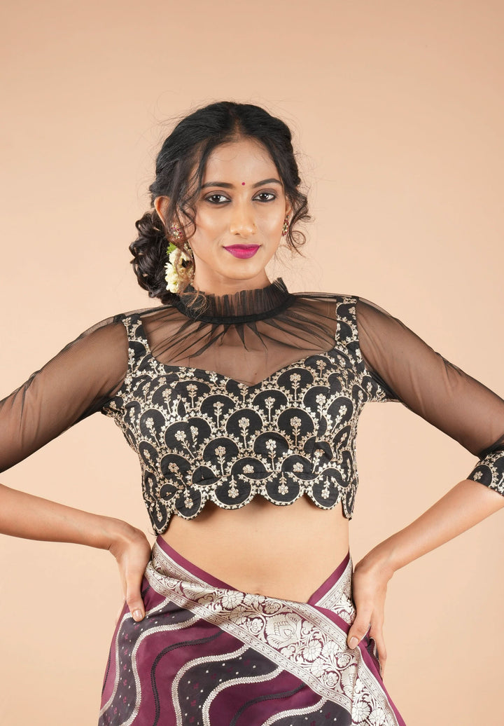 Black embroidered blouse with net gathered yoke and scalloped front base