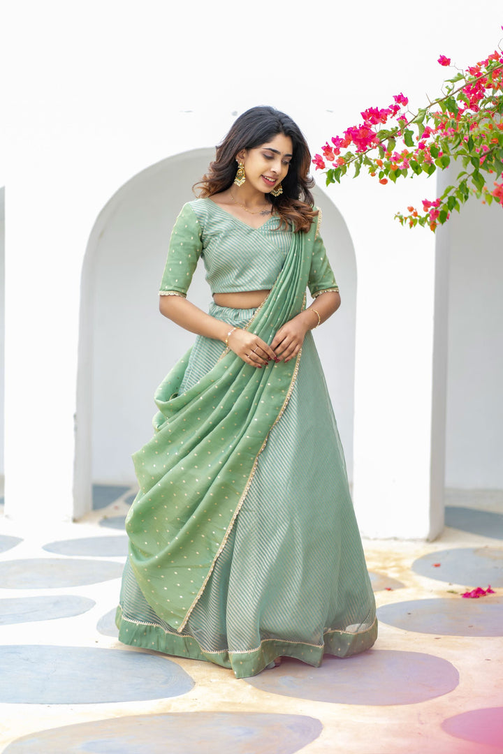 Anupama Mint Green Crop Top & Skirt With Dupatta | Made To Order