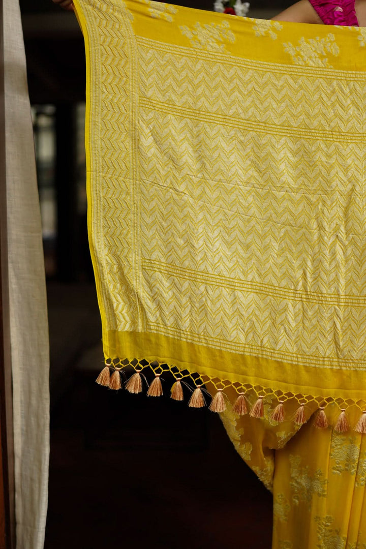 Pure Georgette Silk Banarasi Saree  in Yellow with Rose Jaal Weave in Silver Tone Zari | SILK MARK CERTIFIED | SHOBITAM