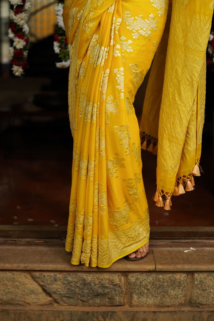 Pure Georgette Silk Banarasi Saree  in Yellow with Rose Jaal Weave in Silver Tone Zari | SILK MARK CERTIFIED | SHOBITAM