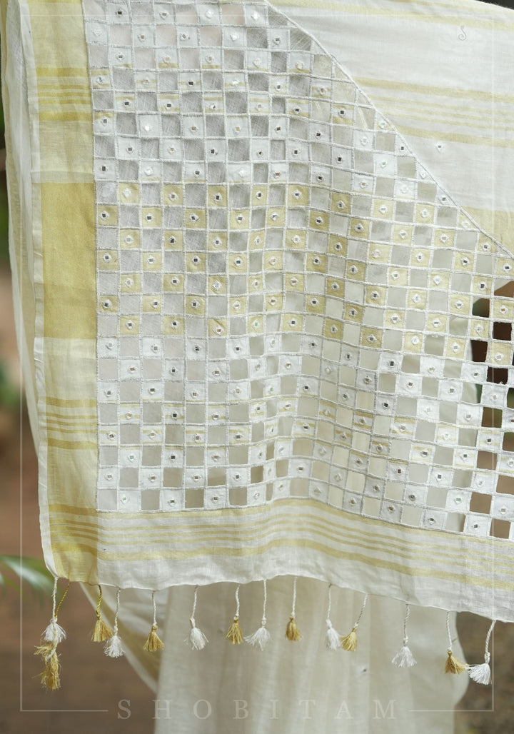 Cutwork and Mirror Work Linen by Line Saree in Chalk White