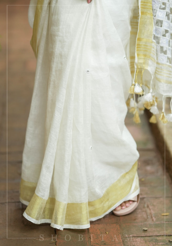 Cutwork and Mirror Work Linen by Line Saree in Chalk White