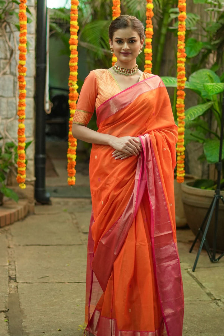 Handwoven Maheshwari Silk Cotton Saree in Orange and Pink Combination with Zari Border