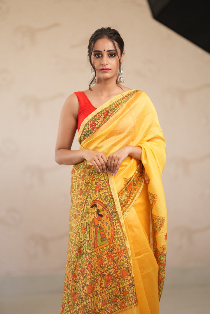 Yellow Chanderi Silk Saree with Madhubani Handpainted and Minimal Zari Border