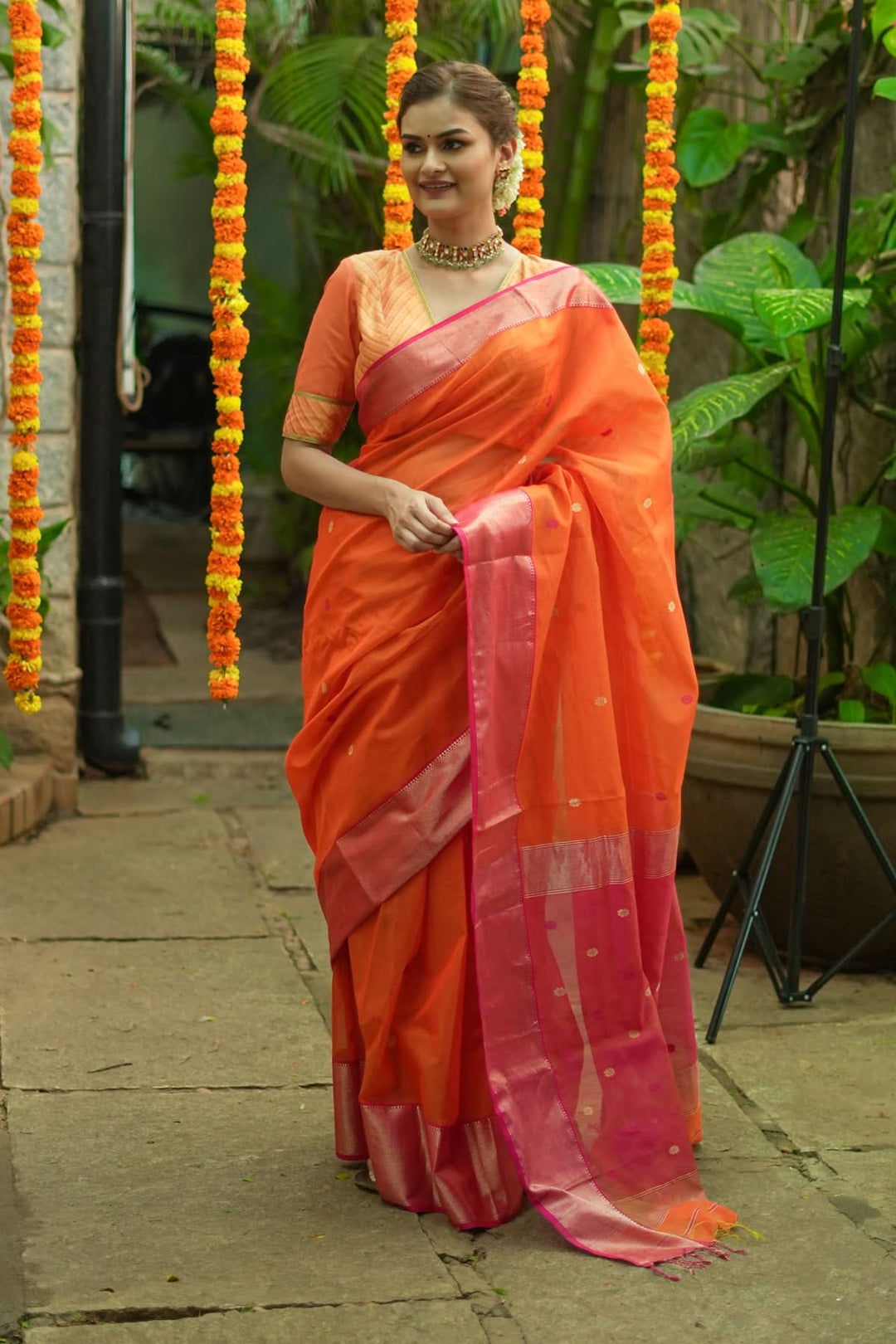 Handwoven Maheshwari Silk Cotton Saree in Orange and Pink Combination with Zari Border