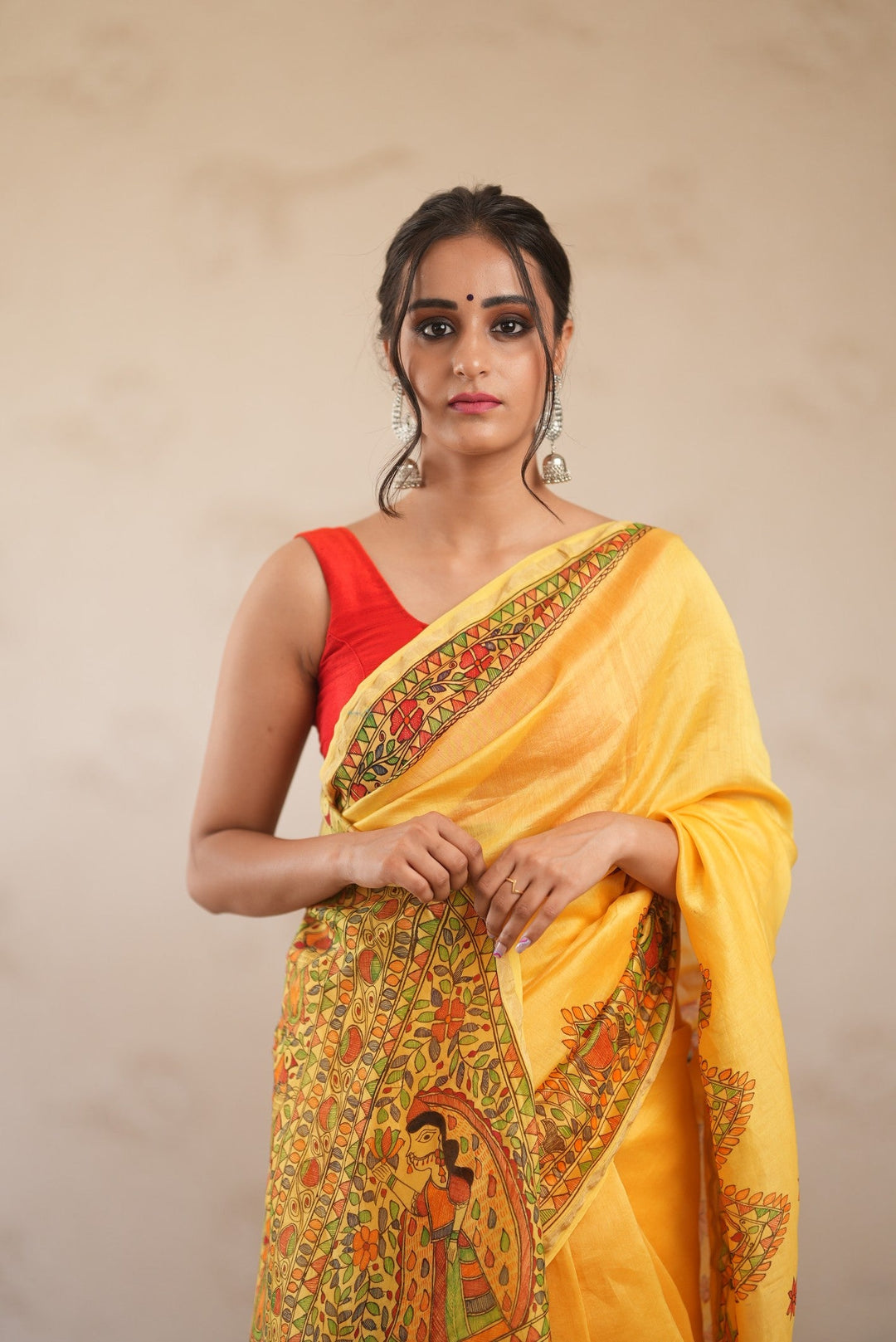 Yellow Chanderi Silk Saree with Madhubani Handpainted and Minimal Zari Border