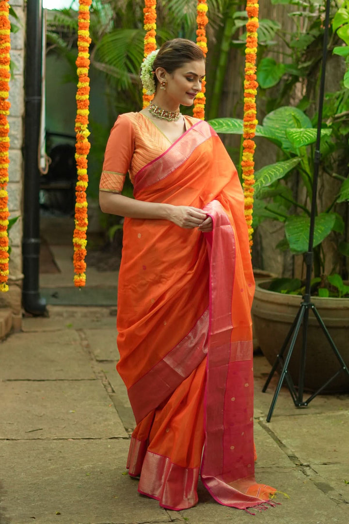 Handwoven Maheshwari Silk Cotton Saree in Orange and Pink Combination with Zari Border