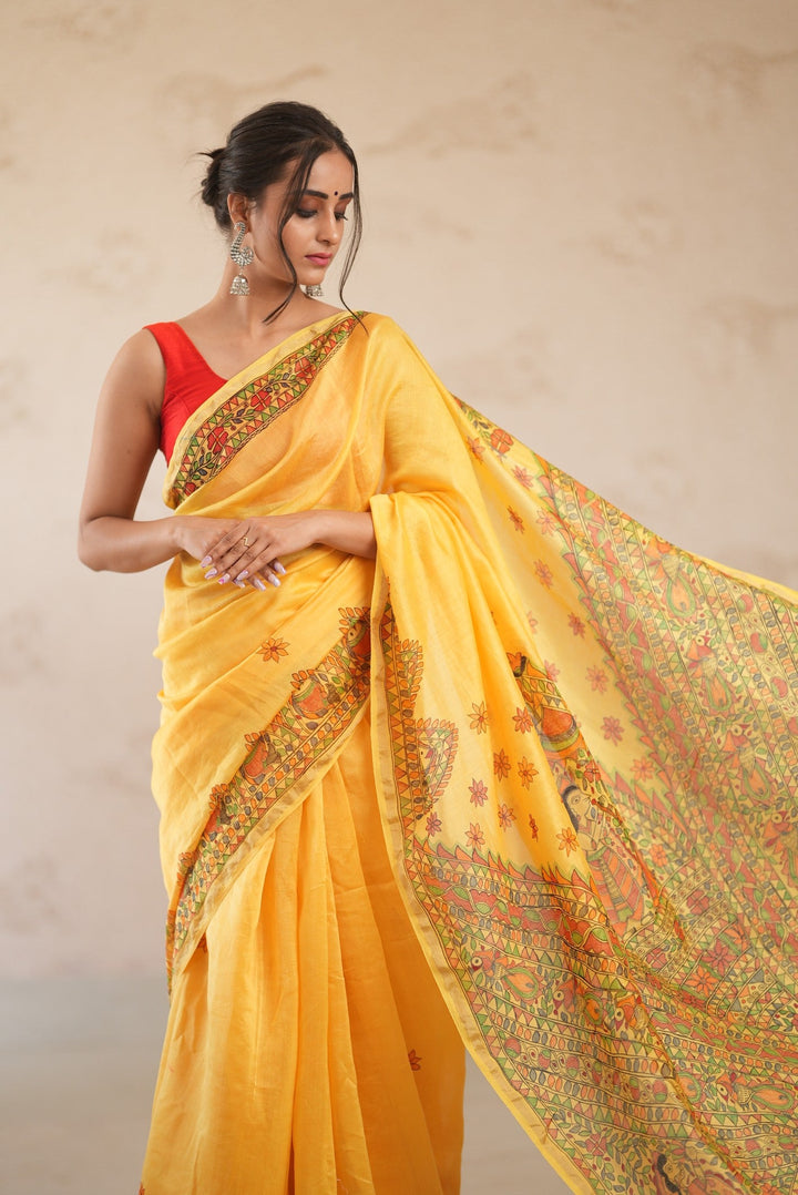 Yellow Chanderi Silk Saree with Madhubani Handpainted and Minimal Zari Border