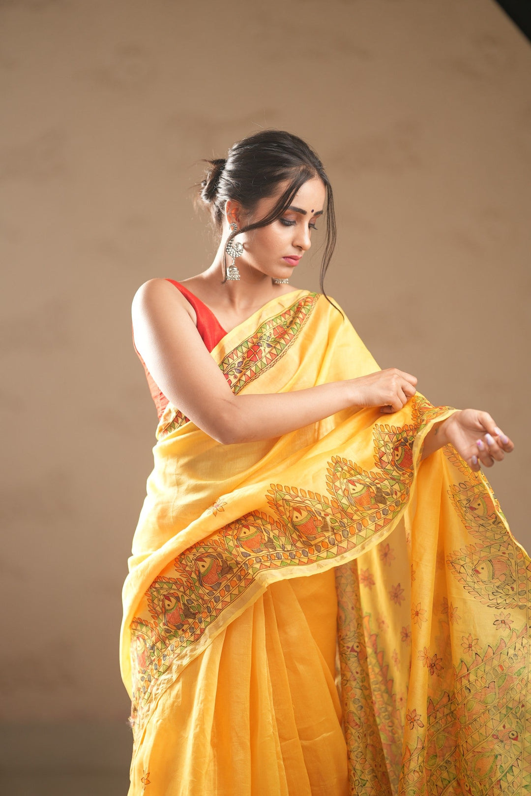 Yellow Chanderi Silk Saree with Madhubani Handpainted and Minimal Zari Border