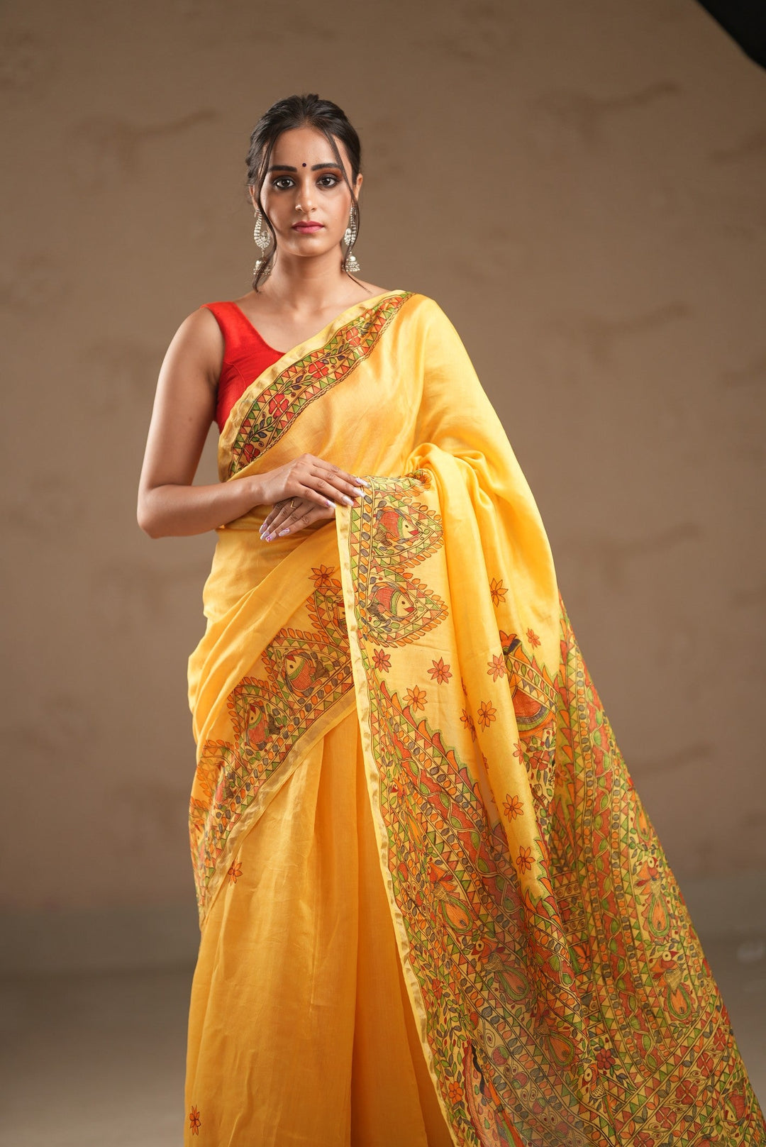Yellow Chanderi Silk Saree with Madhubani Handpainted and Minimal Zari Border