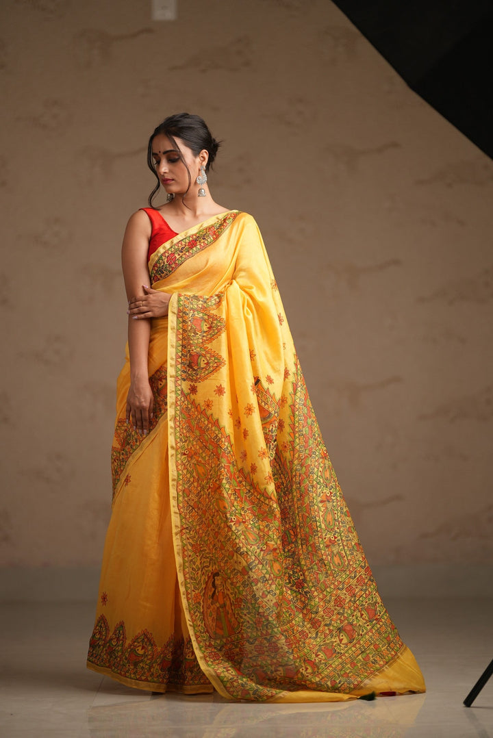 Yellow Chanderi Silk Saree with Madhubani Handpainted and Minimal Zari Border