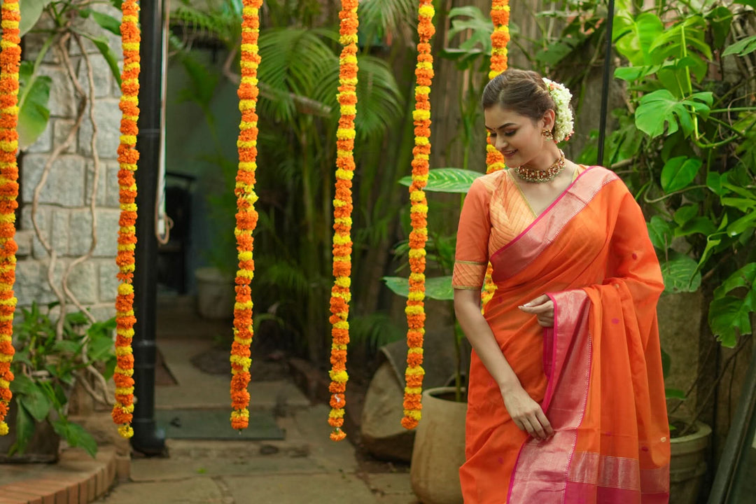 Handwoven Maheshwari Silk Cotton Saree in Orange and Pink Combination with Zari Border