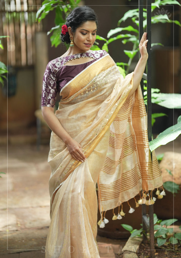 Tan Gold Tissue Linen Saree with light mirror work