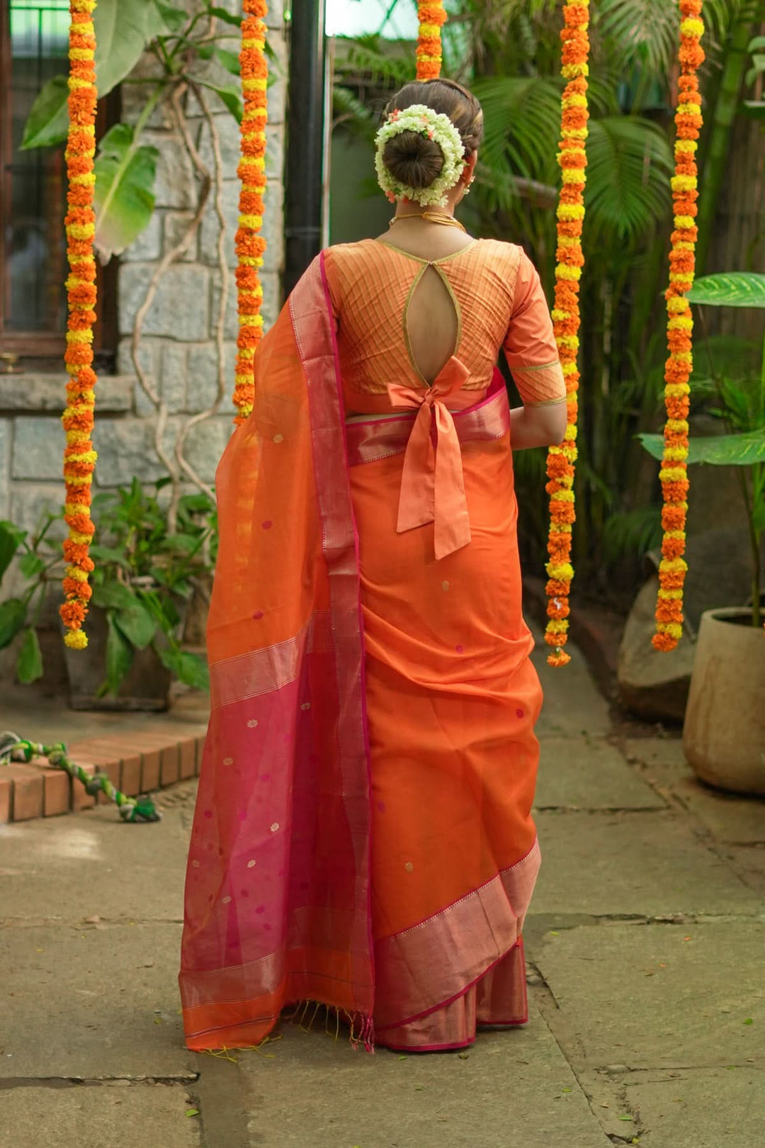 Handwoven Maheshwari Silk Cotton Saree in Orange and Pink Combination with Zari Border