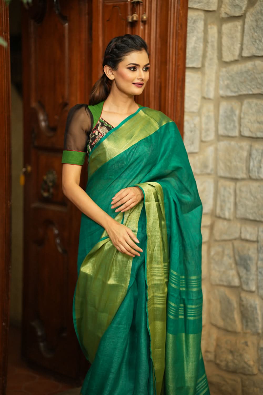 Rama Green Linen Saree with Wide Border | Shobitam Saree
