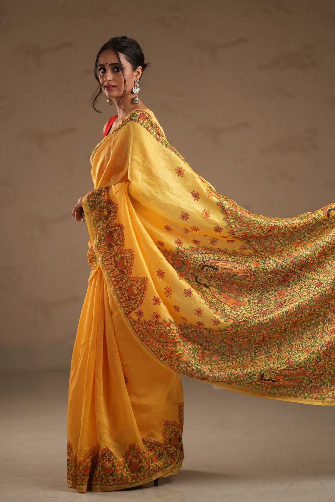 Yellow Chanderi Silk Saree with Madhubani Handpainted and Minimal Zari Border