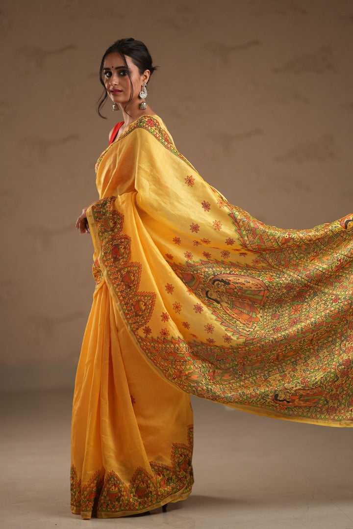 Yellow Chanderi Silk Saree with Madhubani Handpainted and Minimal Zari Border