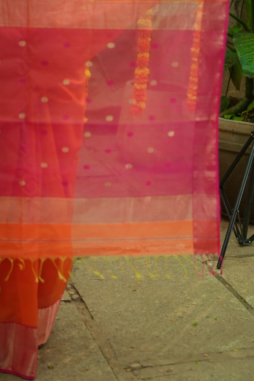 Handwoven Maheshwari Silk Cotton Saree in Orange and Pink Combination with Zari Border