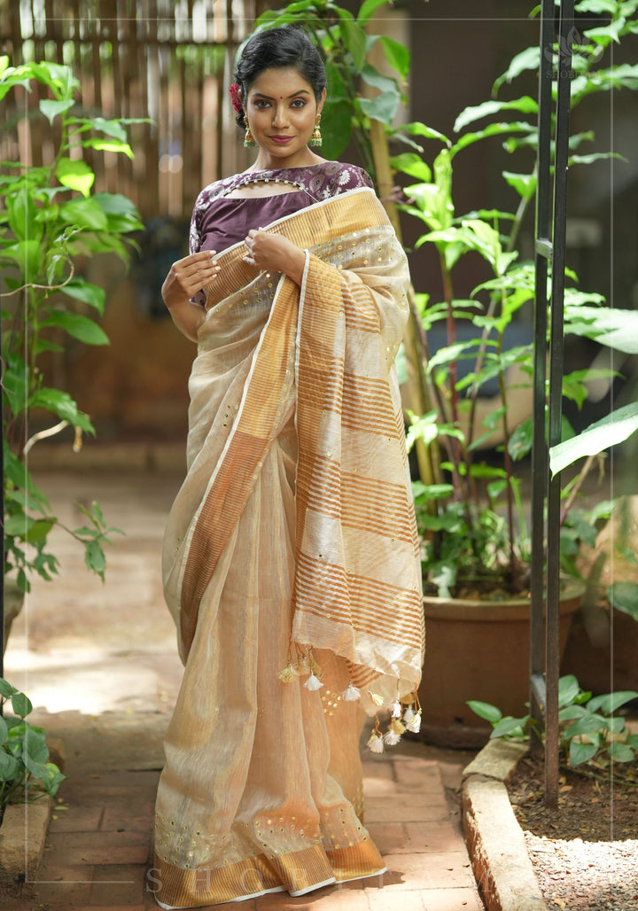 Tan Gold Tissue Linen Saree with light mirror work