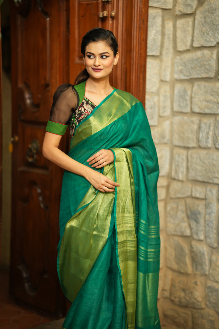 Rama Green Linen Saree with Wide Border | Shobitam Saree