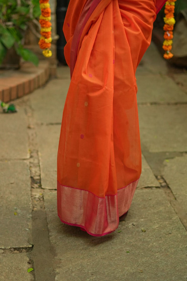 Handwoven Maheshwari Silk Cotton Saree in Orange and Pink Combination with Zari Border