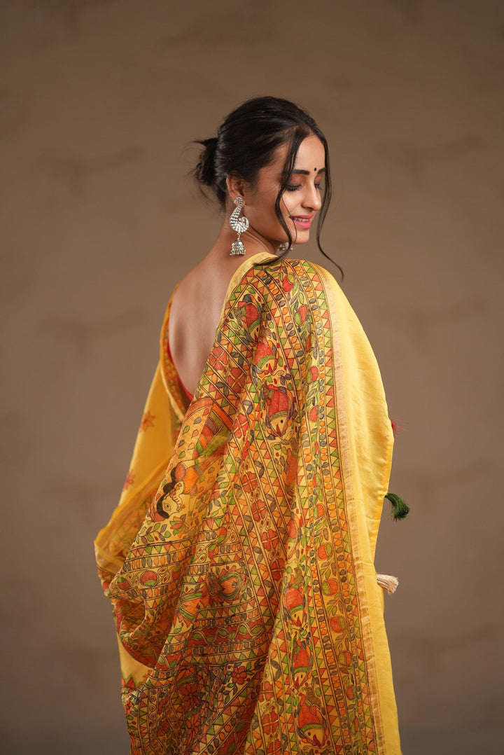 Yellow Chanderi Silk Saree with Madhubani Handpainted and Minimal Zari Border