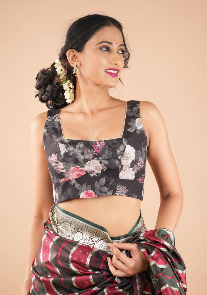 Black Digital Print Cotton Blouse with Square Neck Front and sleeveless
