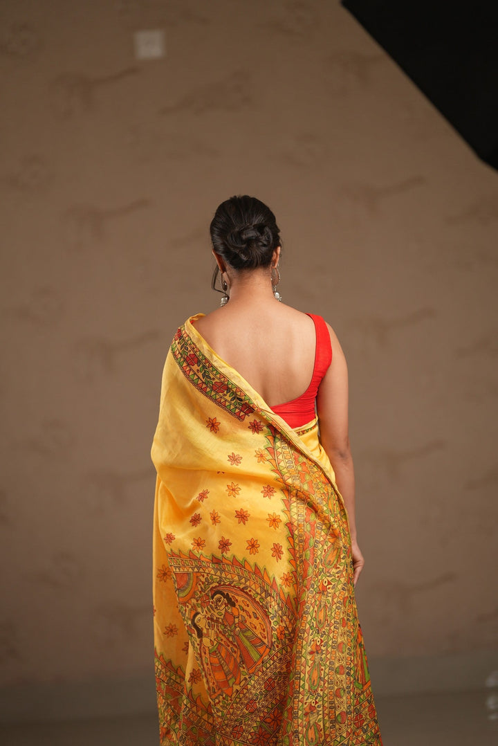 Yellow Chanderi Silk Saree with Madhubani Handpainted and Minimal Zari Border