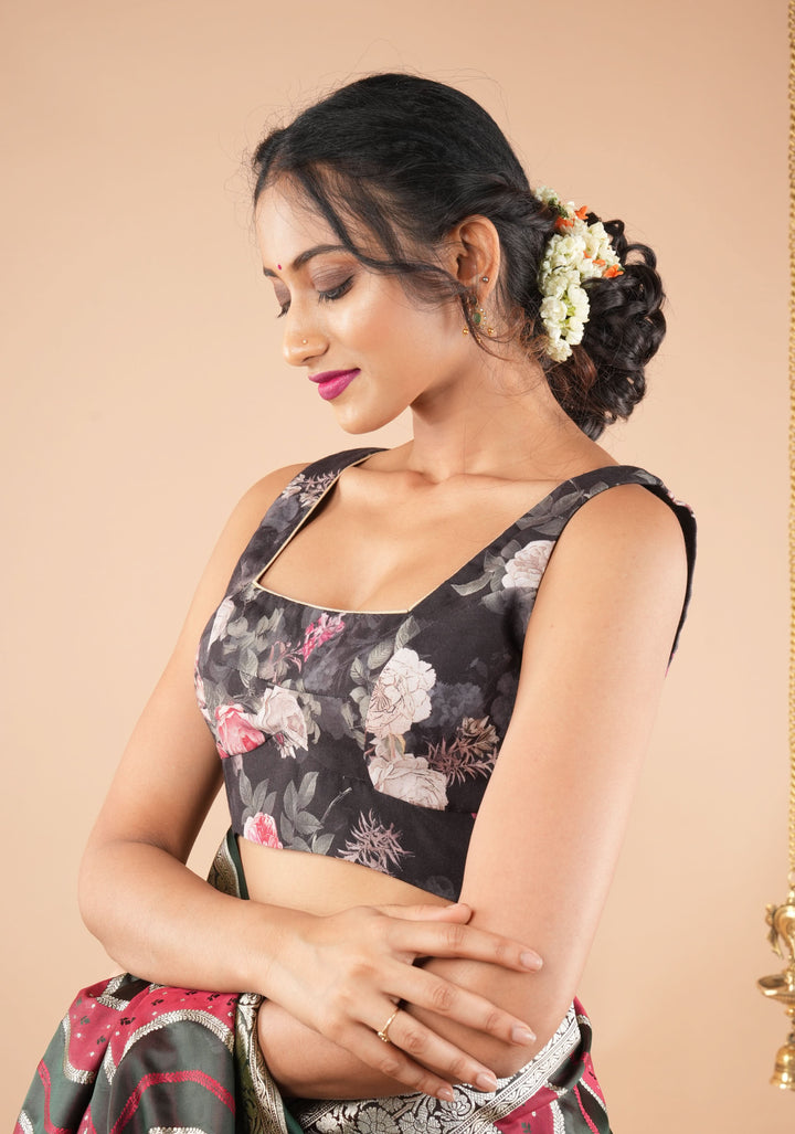 Black Digital Print Cotton Blouse with Square Neck Front and sleeveless