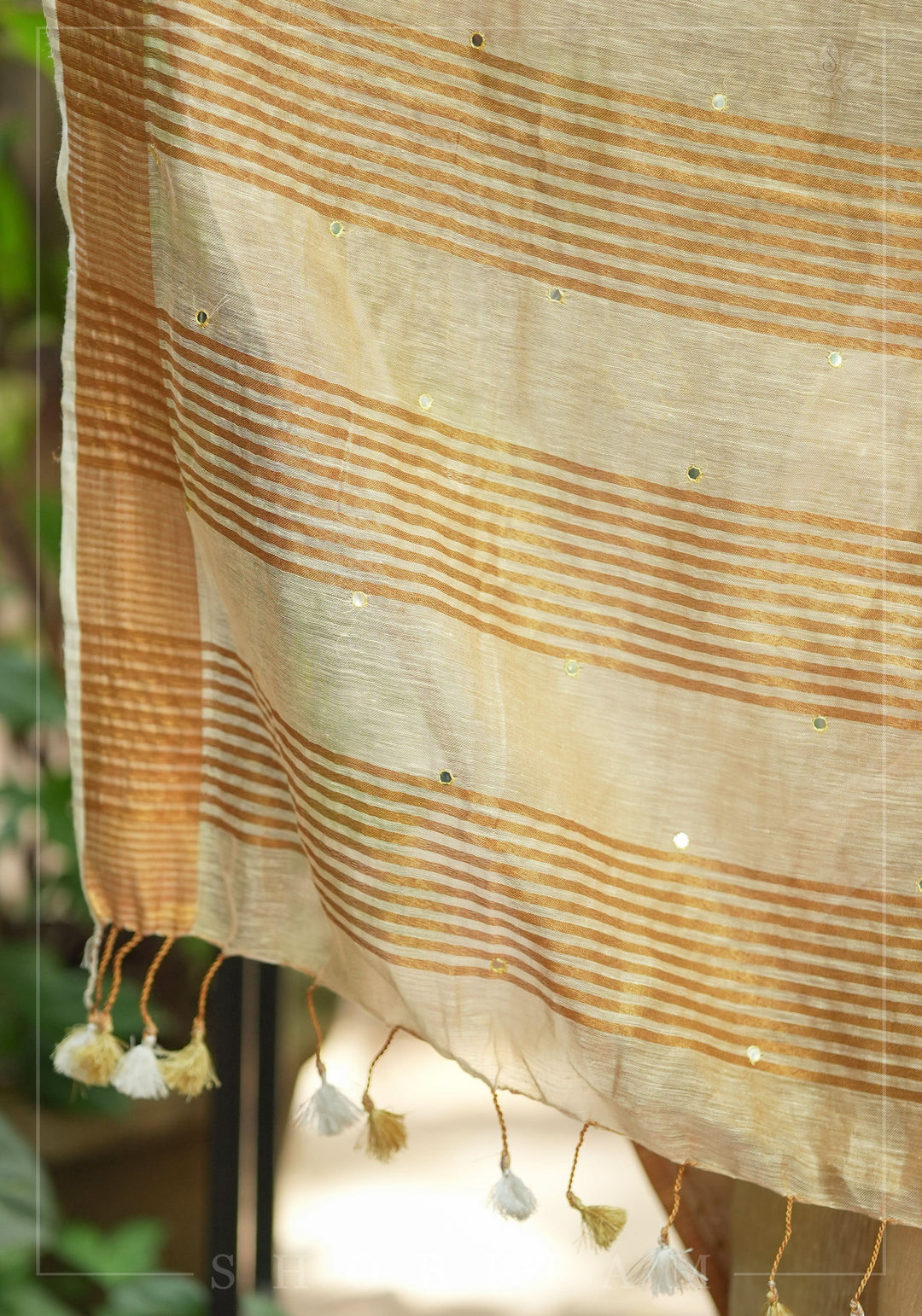 Tan Gold Tissue Linen Saree with light mirror work