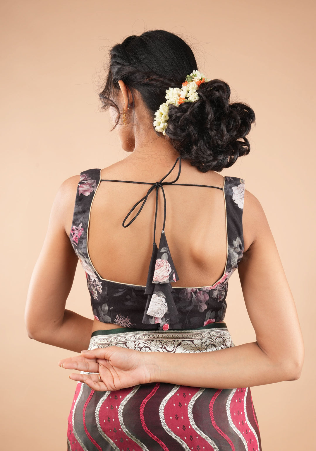Black Digital Print Cotton Blouse with Square Neck Front and sleeveless