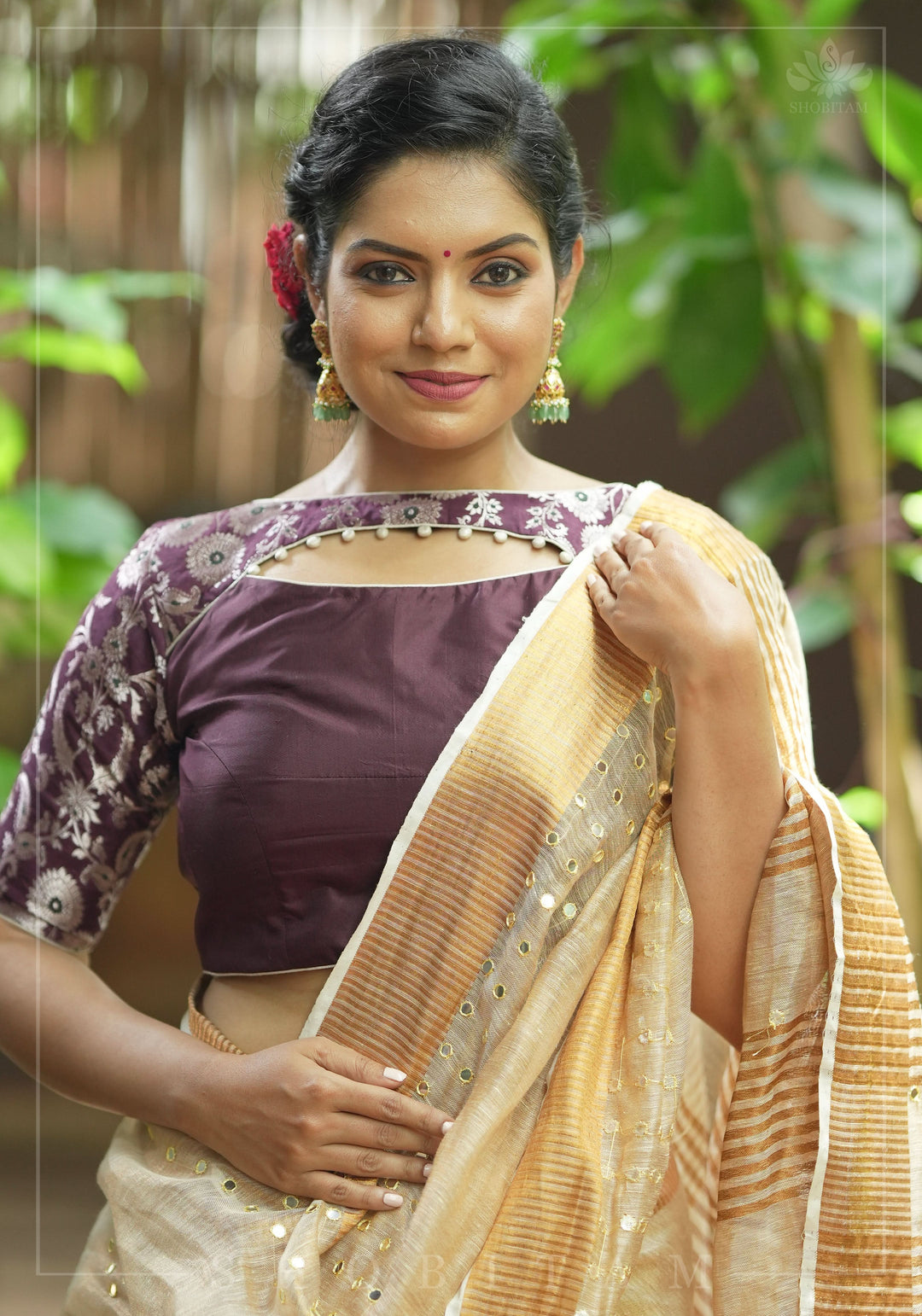 Tan Gold Tissue Linen Saree with light mirror work