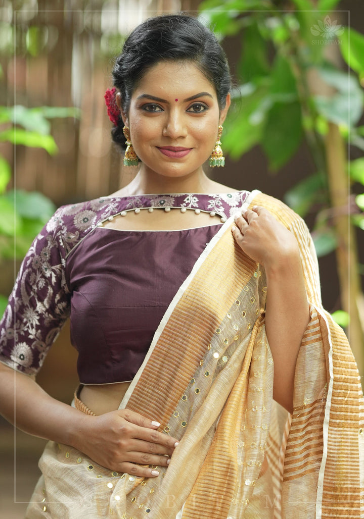 Tan Gold Tissue Linen Saree with light mirror work