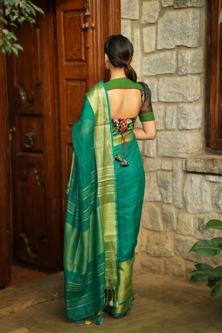 Rama Green Linen Saree with Wide Border | Shobitam Saree